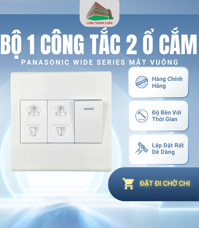 Bộ 1 Công Tắc 2 Ổ Cắm Panasonic Vuông Wide Chính Hãng
